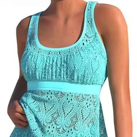 Women's conservative two-piece swimwear set with hollow detail, sleeveless top and briefs in solid colour