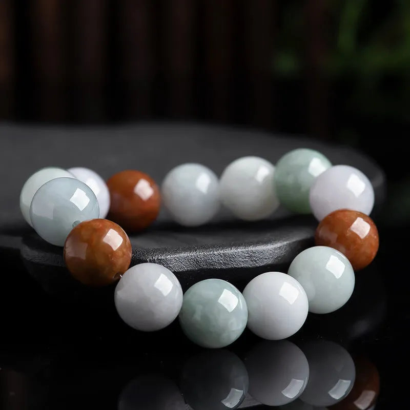 Women's Myanmar jade tricolor bracelet with 13mm round beads and national style design