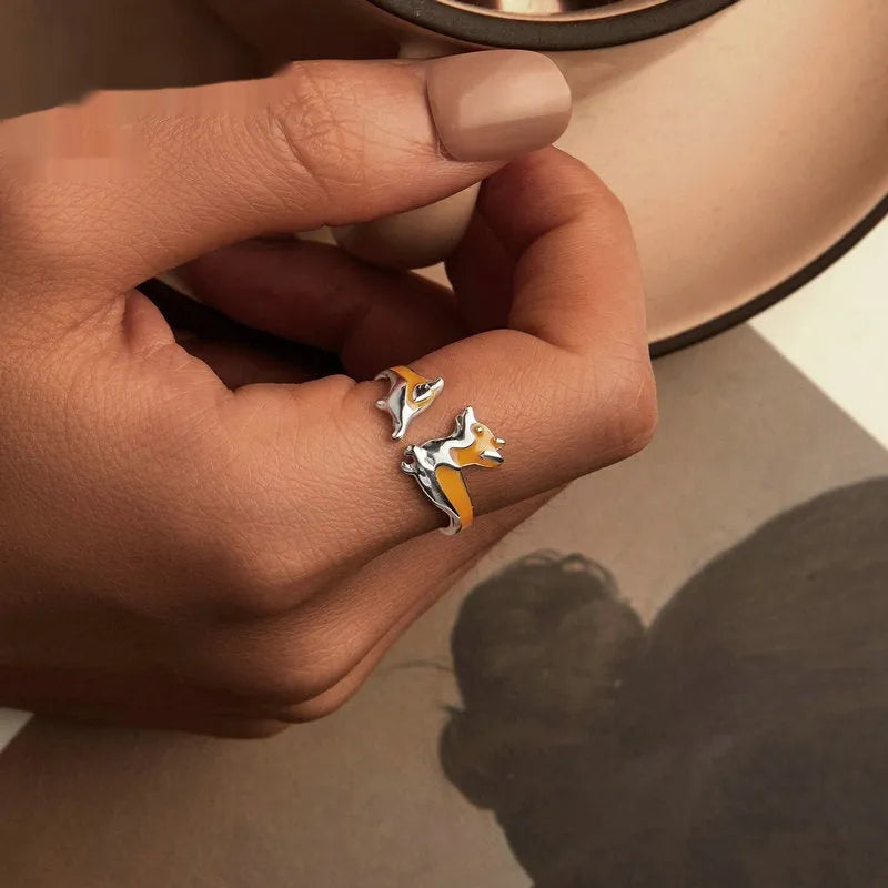 Silver electroplated corgi pet ring with cartoon design, model SCR1014E
