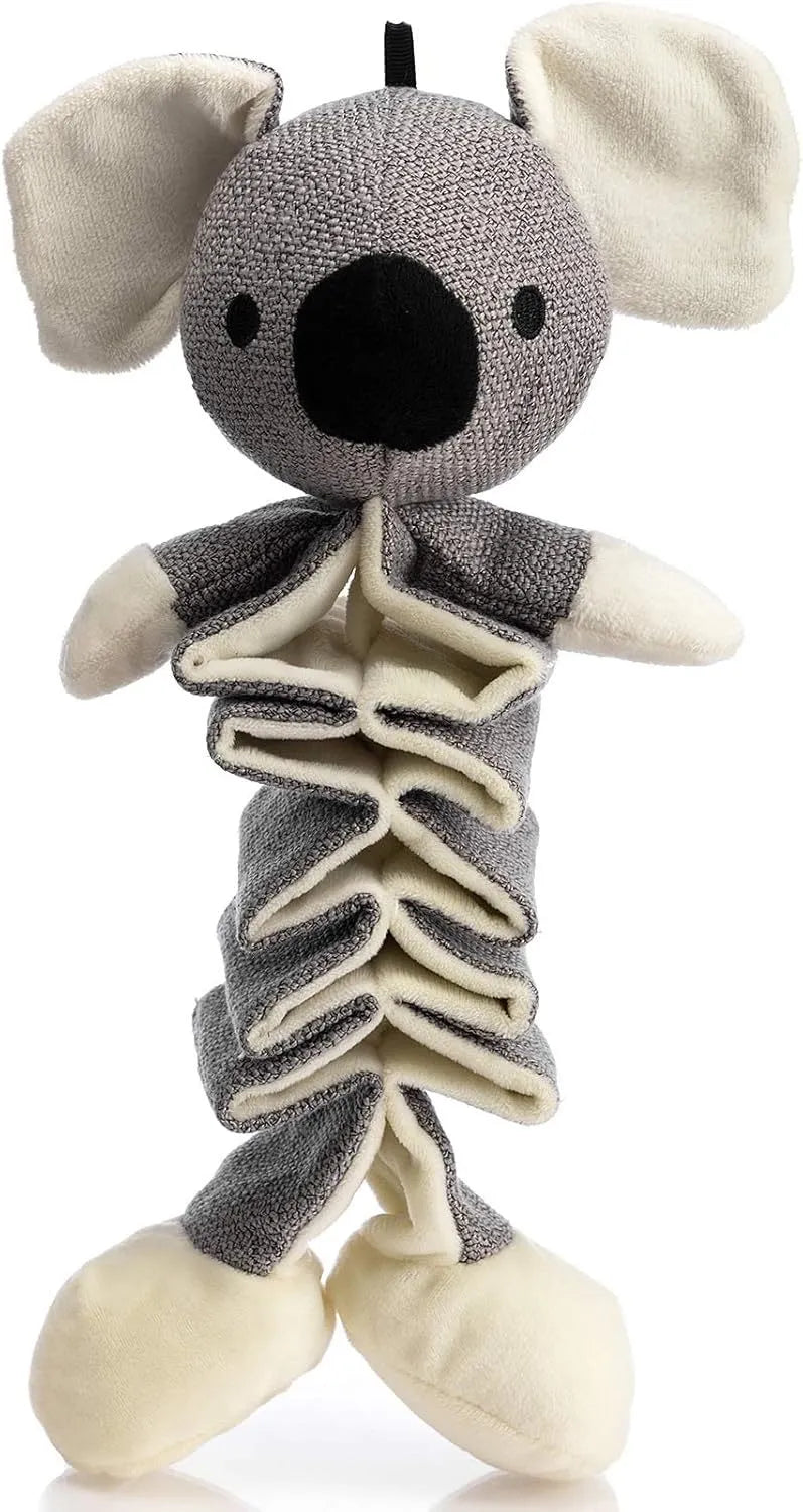 Grey koala dog toy with squeaky and crinkle paper sounds, measuring 30cm long