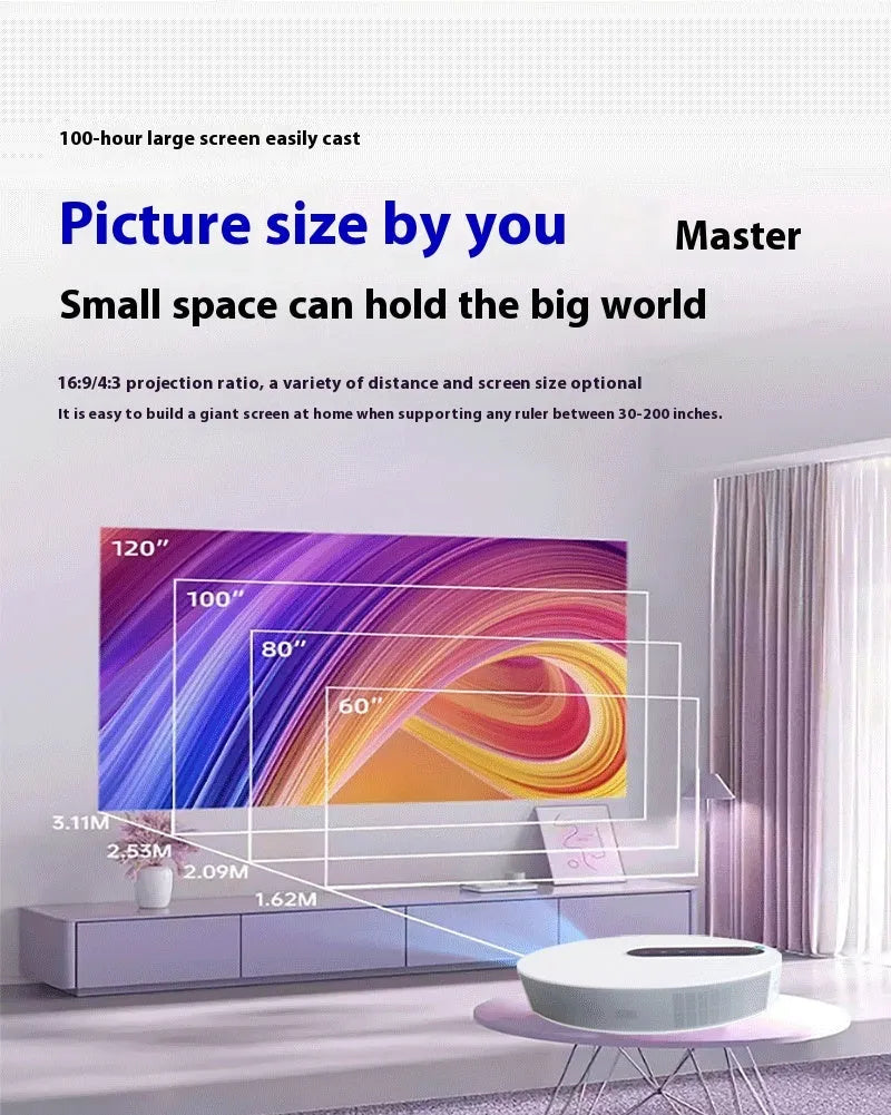 White HD home cinema projector with remote control on a wooden surface.