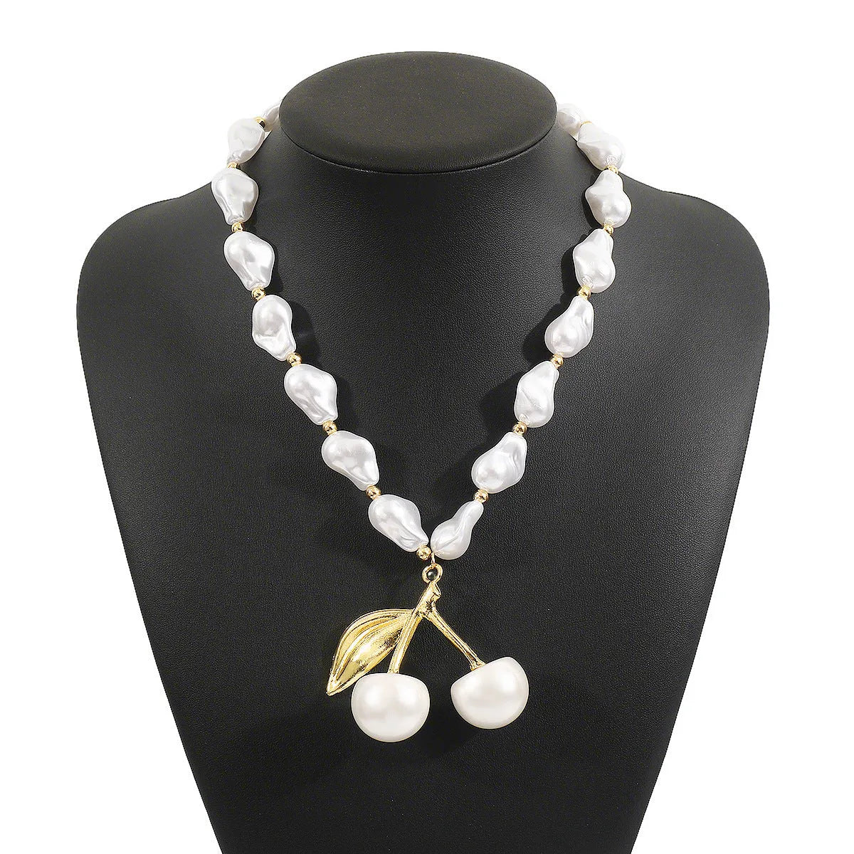 Creative women's necklace with geometric cherry fruit pendant on imitation pearl chain, adjustable 51-60cm length