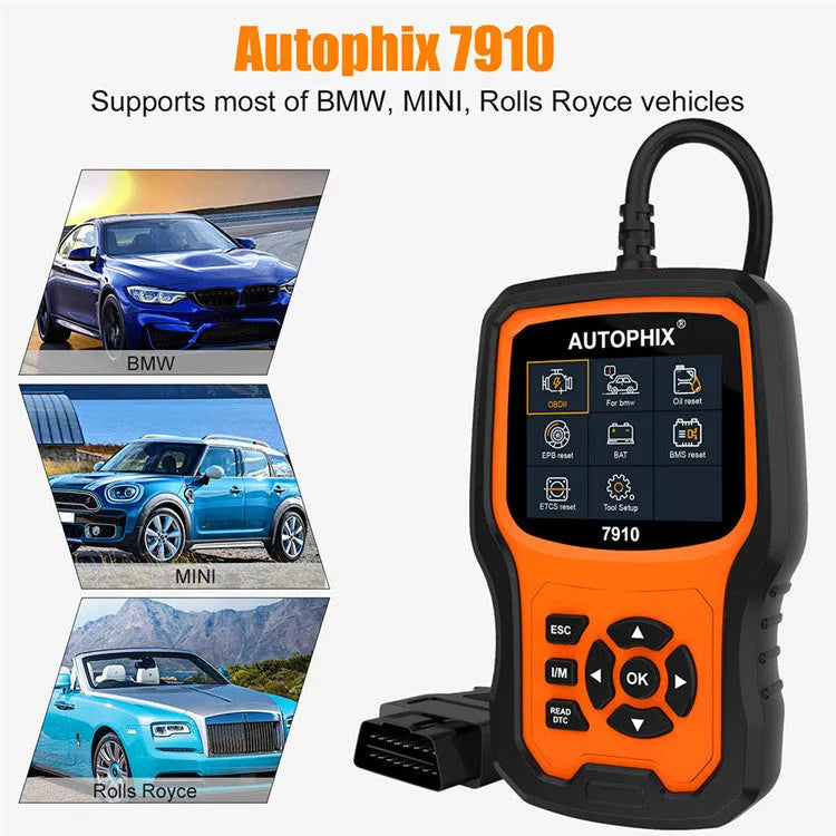 Autophix 7910 BMW diagnostic scanner OBD2 tool with display showing fault codes