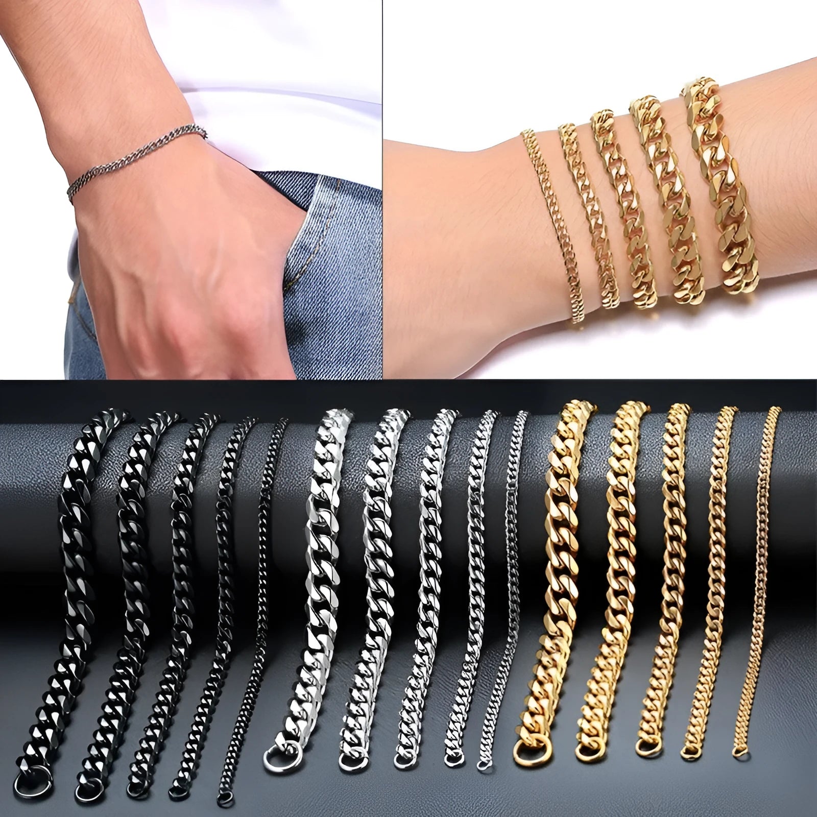 Geometric six-sided Cuban link metal bracelet shown in gold, black and steel colour finishes with varying widths from 3mm to 11mm.