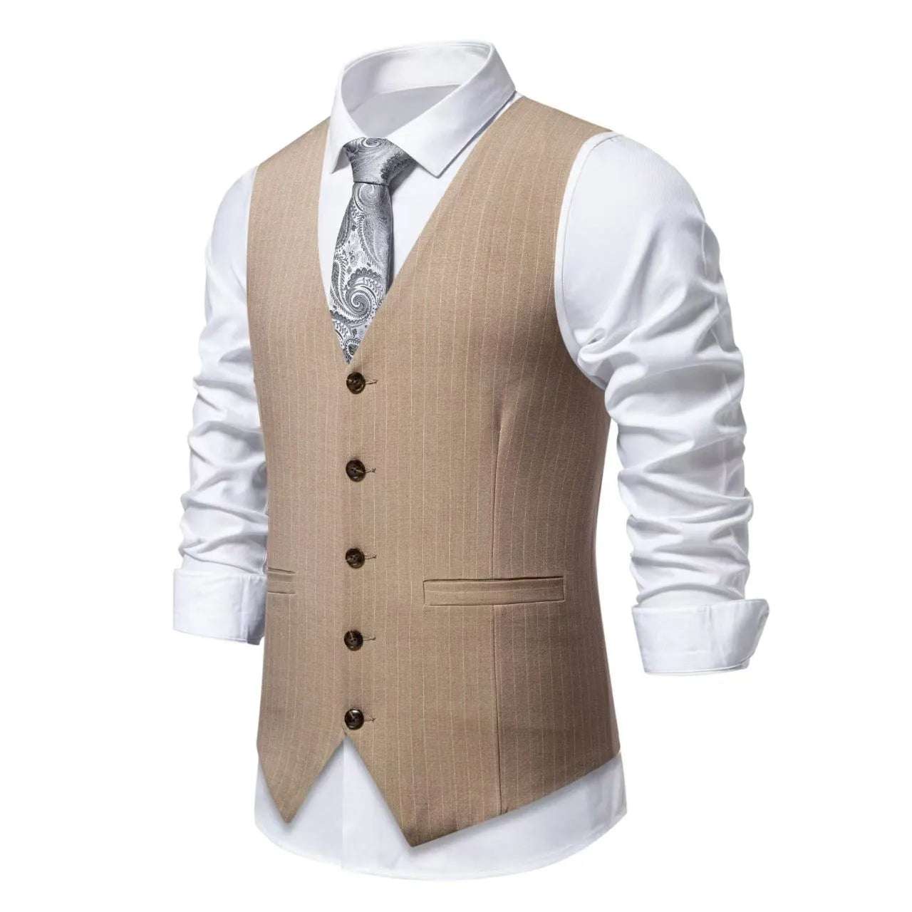 Men's striped polyester suit vest in business formal style with non-ironing fabric
