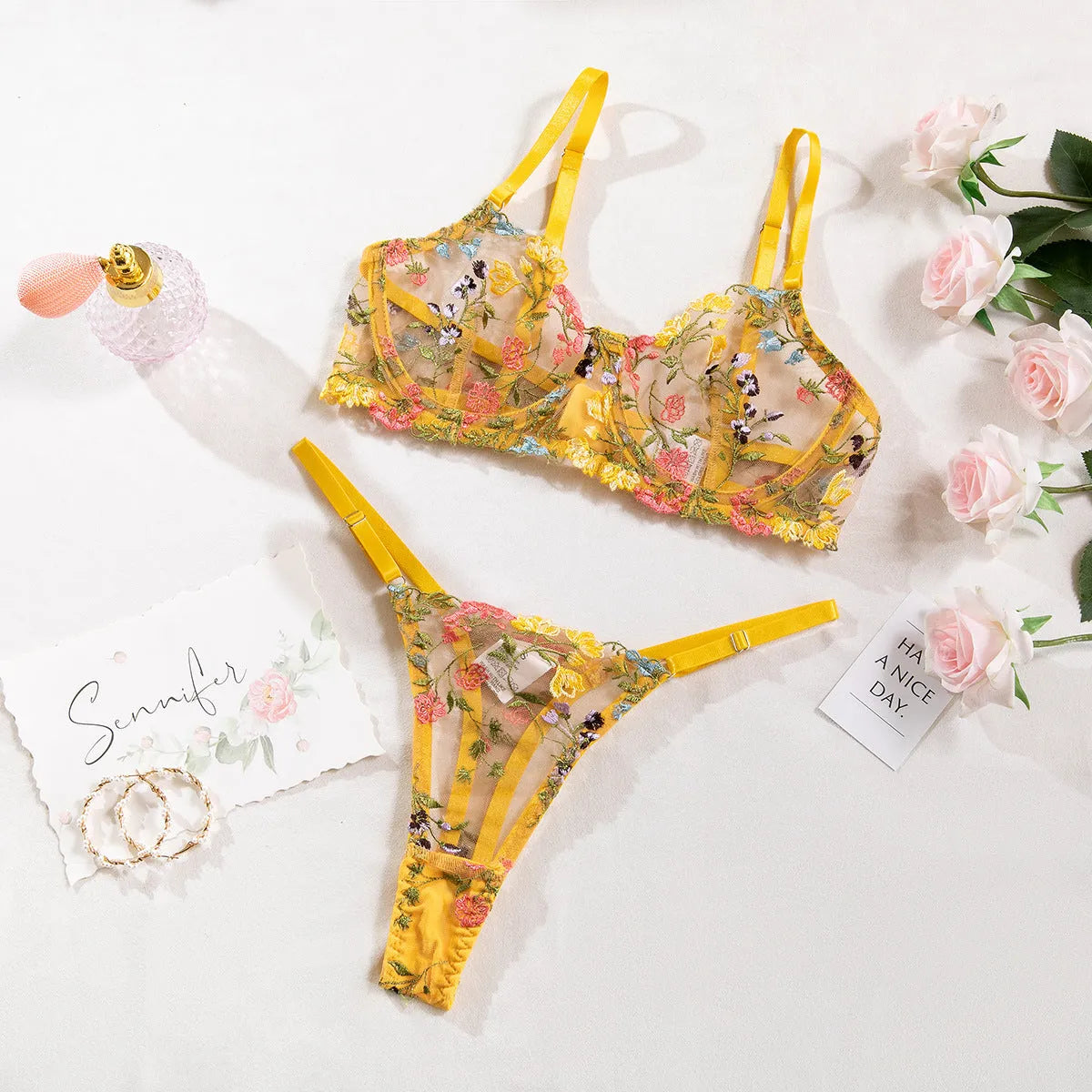 Floral single layer bra with steel ring T-back mesh lingerie set in multiple colours