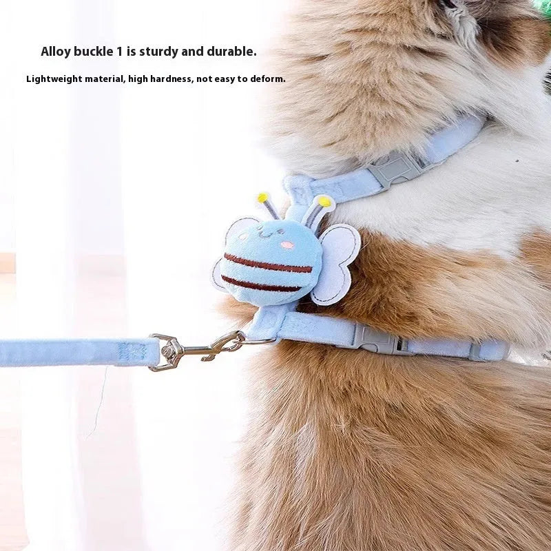 Outdoor adjustable cat rope leash with bee-shaped decoration in pink, yellow or blue colours