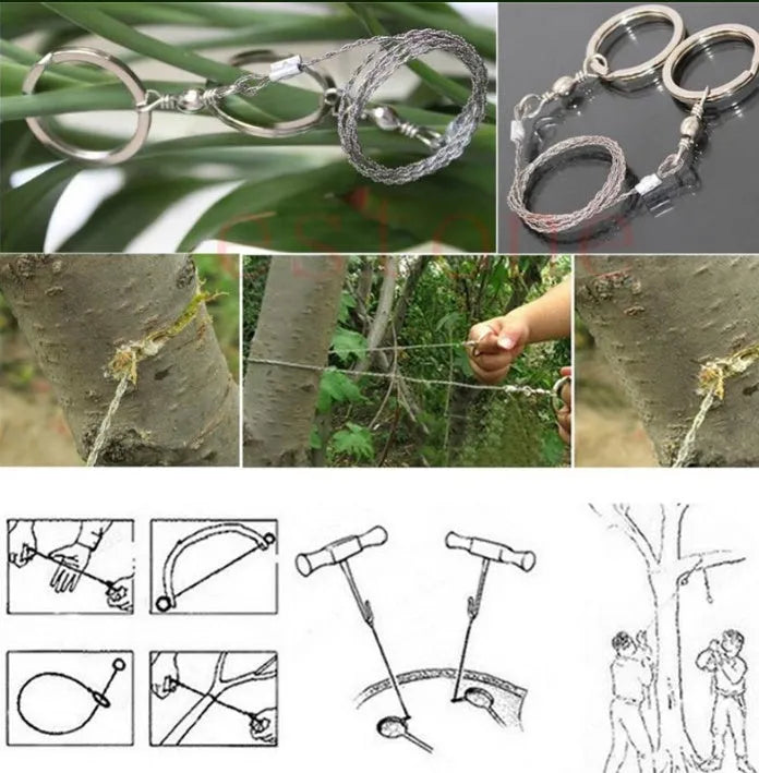 Portable outdoor wire saw with stainless steel blade and pull rings for camping cutting