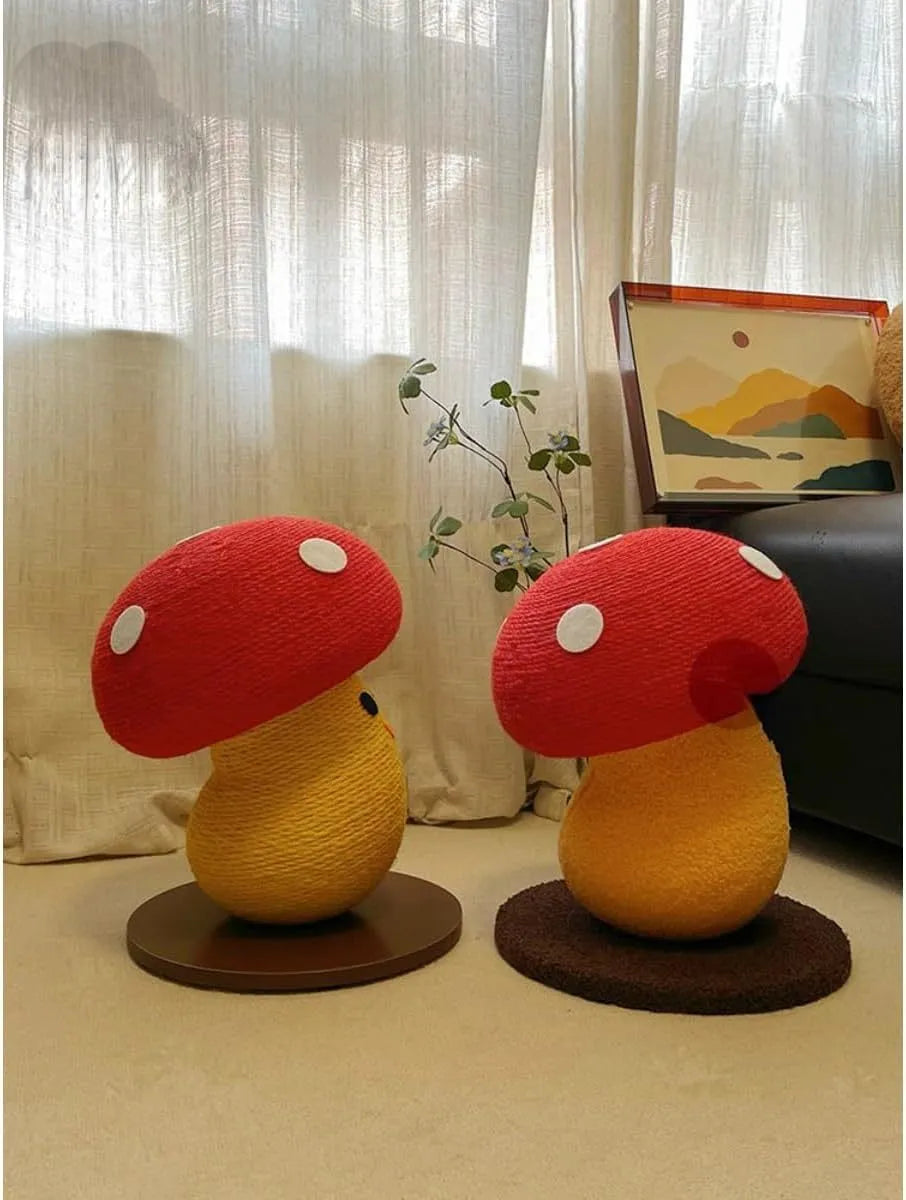Foldable mushroom-shaped cardboard cat scratcher with accordion design on a floor