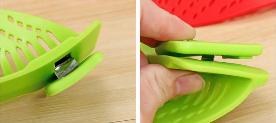 Silicone clip-on funnel colander in kitchen draining liquid from pot