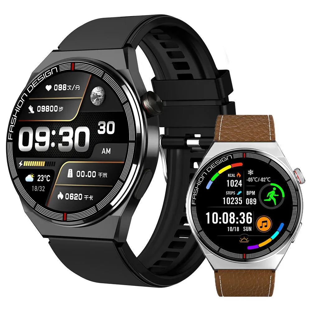 Black smartwatch with a 1.28-inch screen on a silicone strap, showing a heart rate monitoring display.