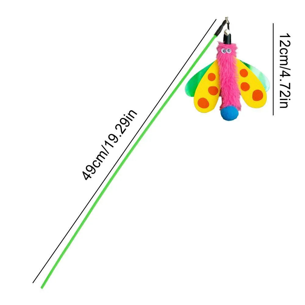 Blue cat wand toy with dragonfly attachment and bell on 49cm stick for interactive indoor play