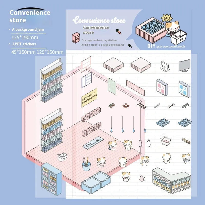 Capabala cut-free PET cartoon stickers showing eight different scene designs including a pink restaurant and a blue fruit shop