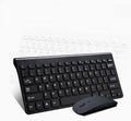 Black wireless keyboard and mouse set with 78 keys and 4-button mouse on desk