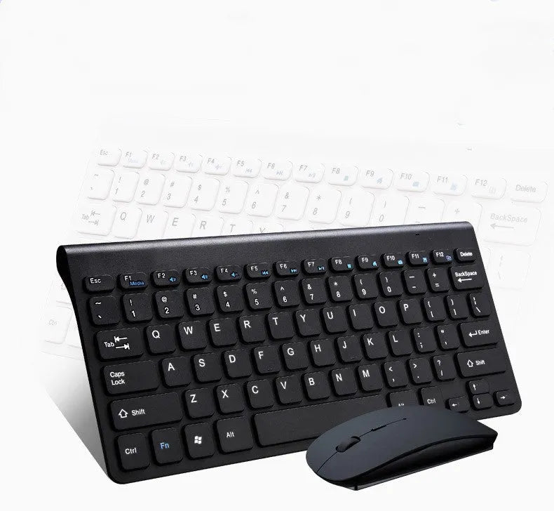 Black wireless keyboard and mouse set with 78 keys and 4-button mouse on desk