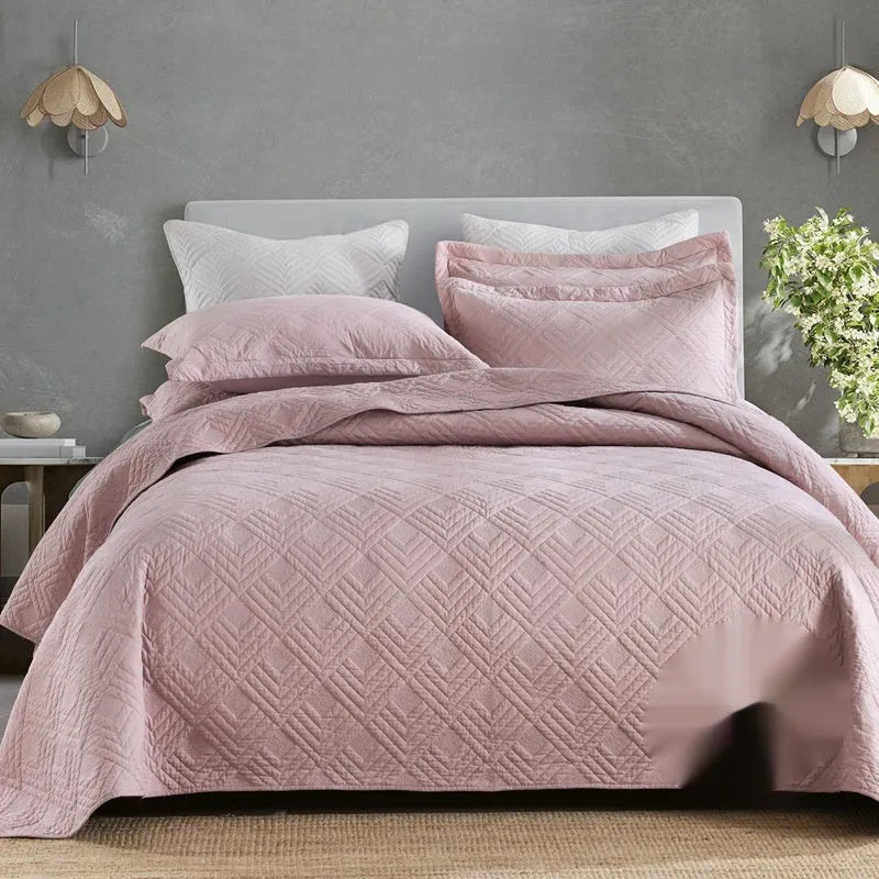 Pure cotton bed cover three-piece set in solid colours with embroidery detail for standard double beds