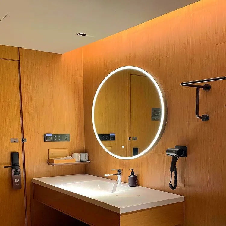 Round black frame LED bathroom makeup mirror with wall mounting