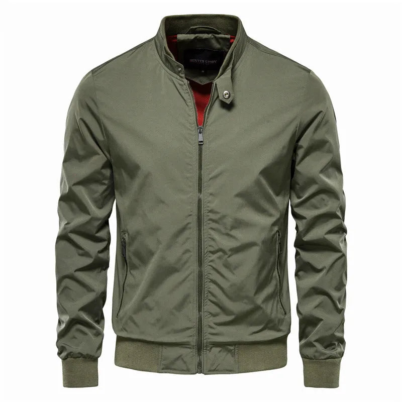 Men's thin casual polyester jacket in Army Green, Black, or Navy Blue with continental sizing