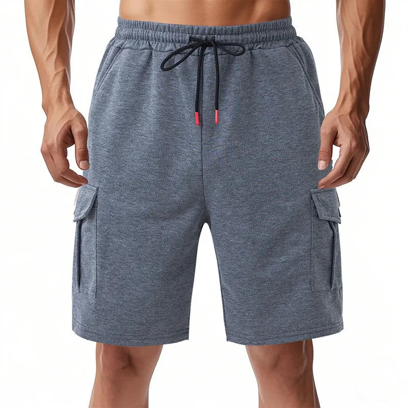 Casual cargo shorts with multiple pockets in light grey towel fabric with micro elasticity