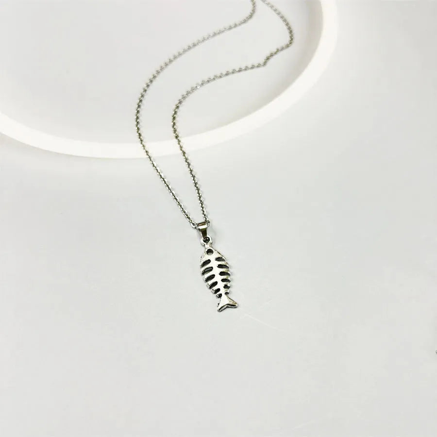 Fishbone pendant necklace and matching earrings set in retro style with adjustable chain