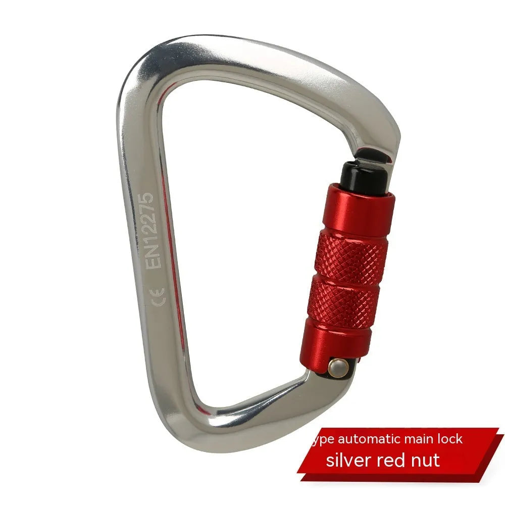 D-type metal climbing safety lock with a choice of automatic or threaded gate, shown in multiple colours.