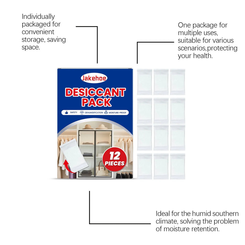 Pack of twelve white calcium chloride desiccant bags for household moisture and odour control.
