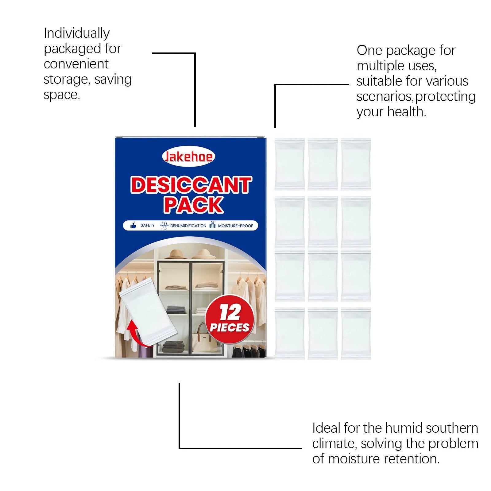 Pack of twelve white calcium chloride desiccant bags for household moisture and odour control.