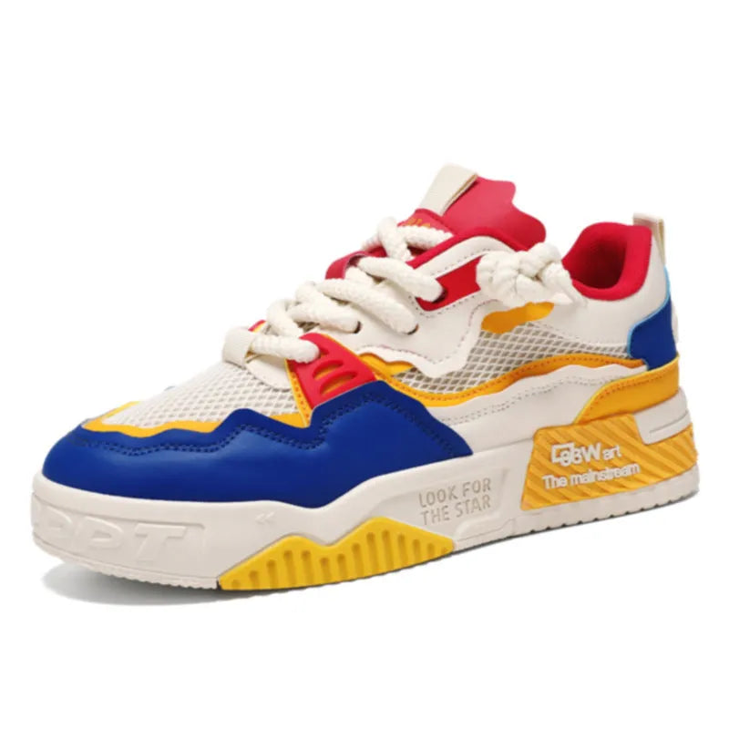 Men's white and yellow low-top board shoes with a rubber sole on a plain background.