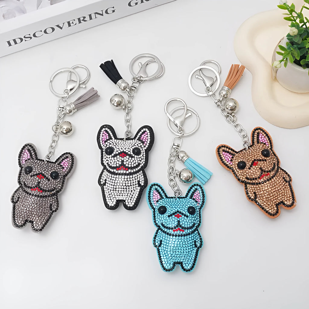 French dog cartoon rhinestone keychain pendant in choice of four colours with alloy electroplated finish