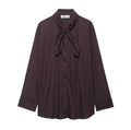 Brown women's polyester poplin shirt with long sleeves and scarf bow tie detail