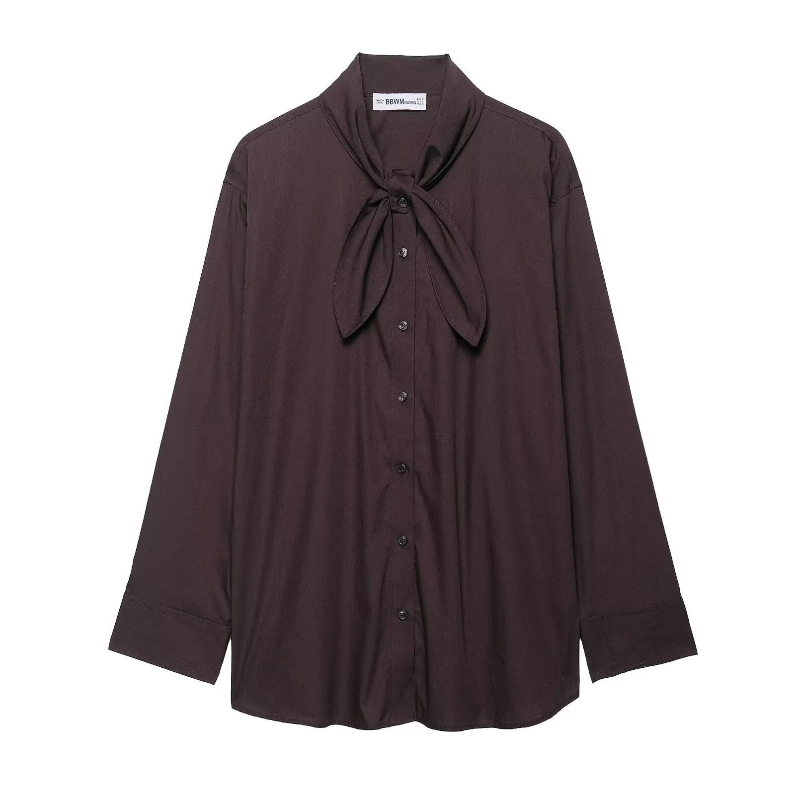 Brown women's polyester poplin shirt with long sleeves and scarf bow tie detail