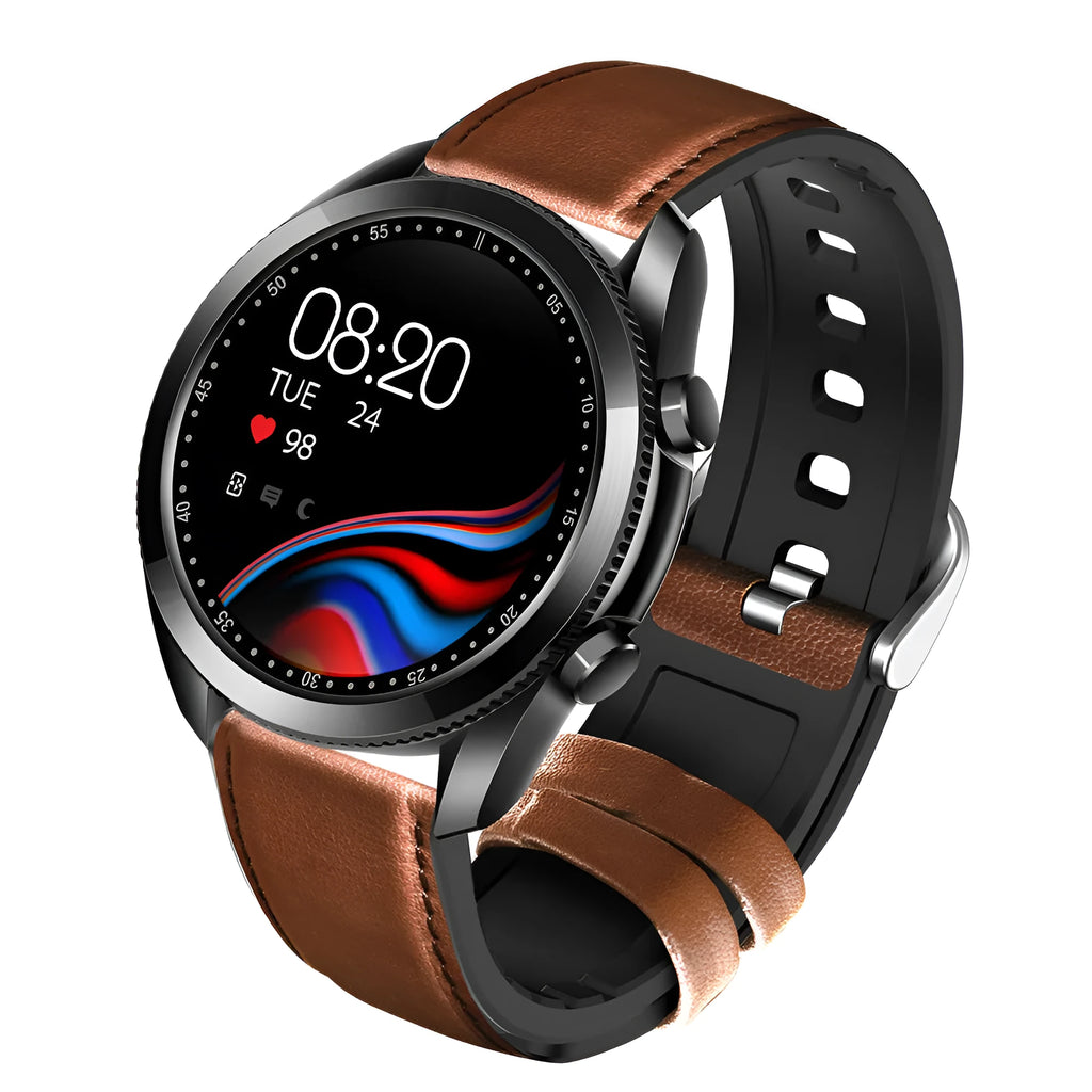 UM90 smart call watch with metal case, leather strap and 1.28-inch screen showing fitness metrics