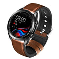 UM90 smart call watch with metal case, leather strap and 1.28-inch screen showing fitness metrics