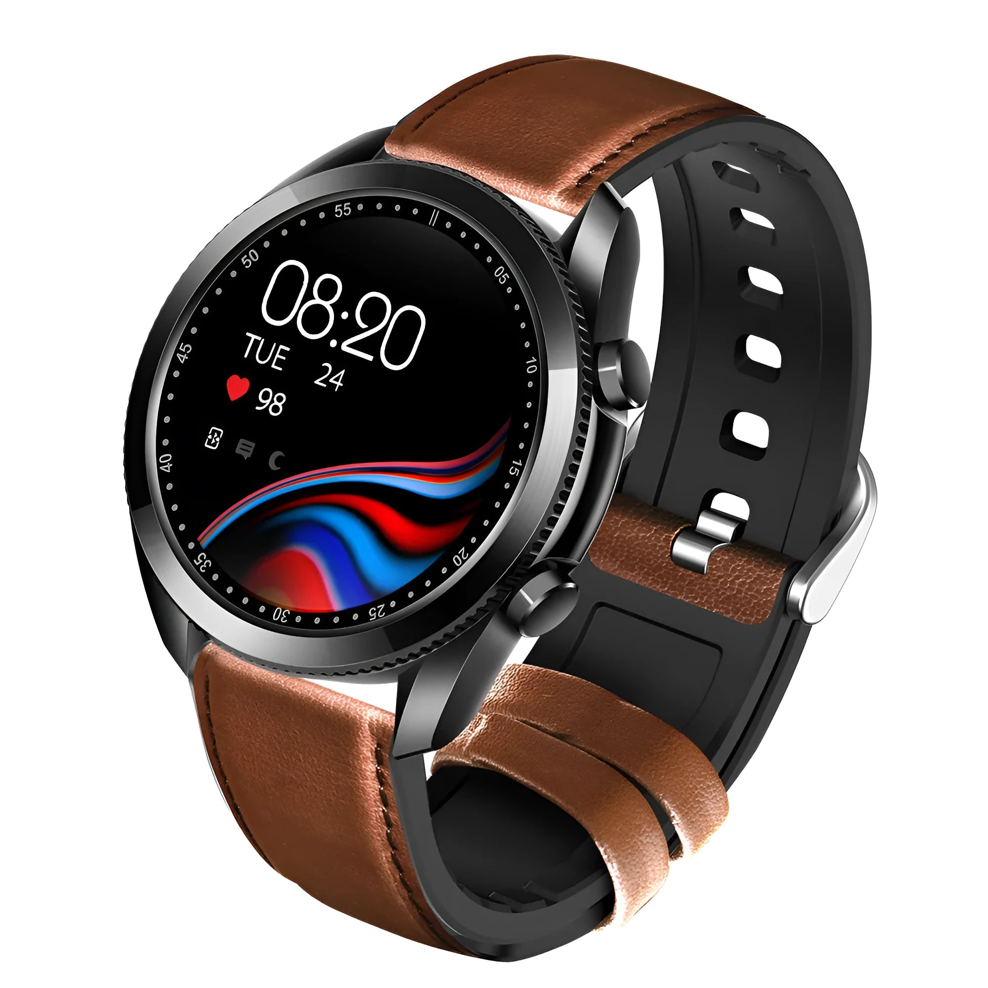 UM90 smart call watch with metal case, leather strap and 1.28-inch screen showing fitness metrics