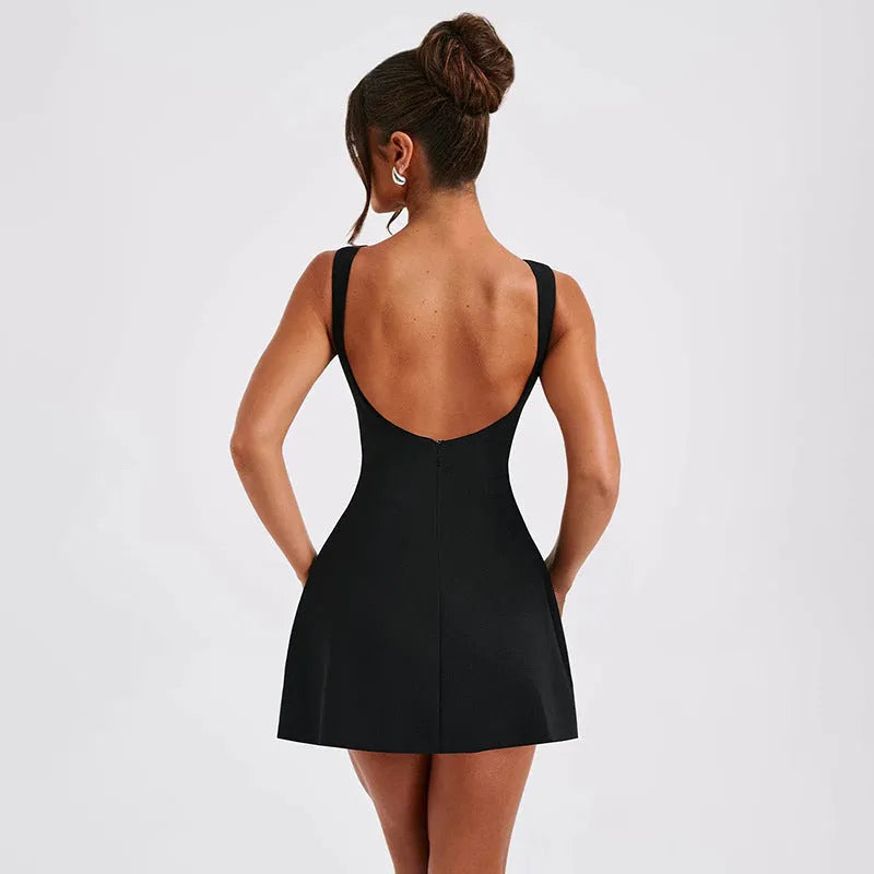 Slim-fitting black backless sleeveless summer dress with high waist on a model.