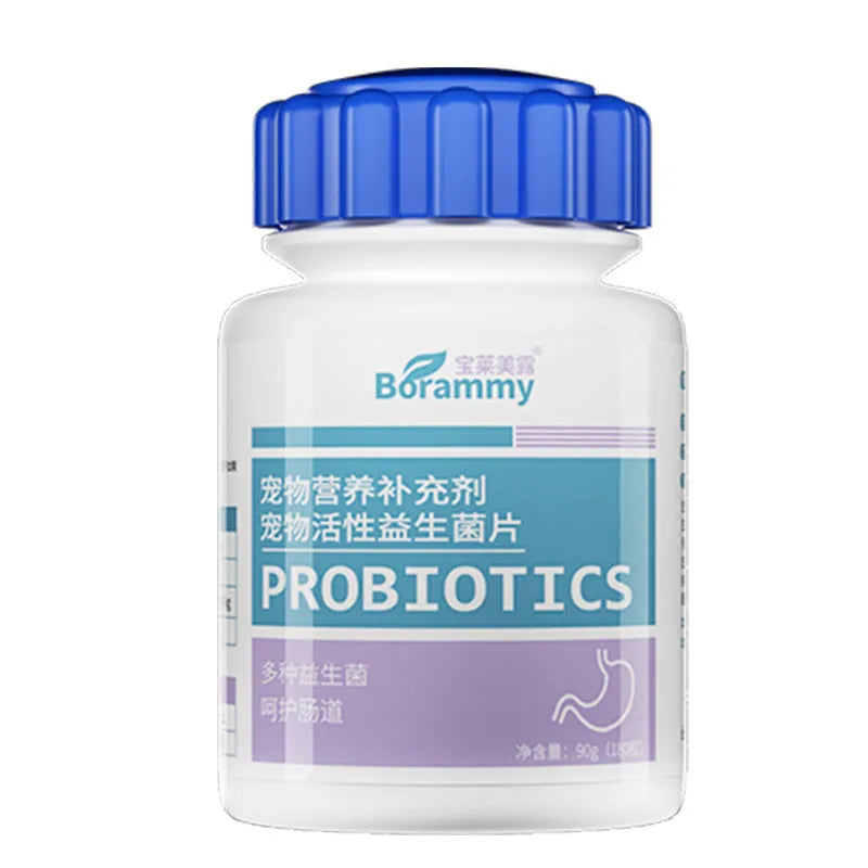 Bottle of pet probiotic tablets containing 180 tablets for dogs and cats digestive health