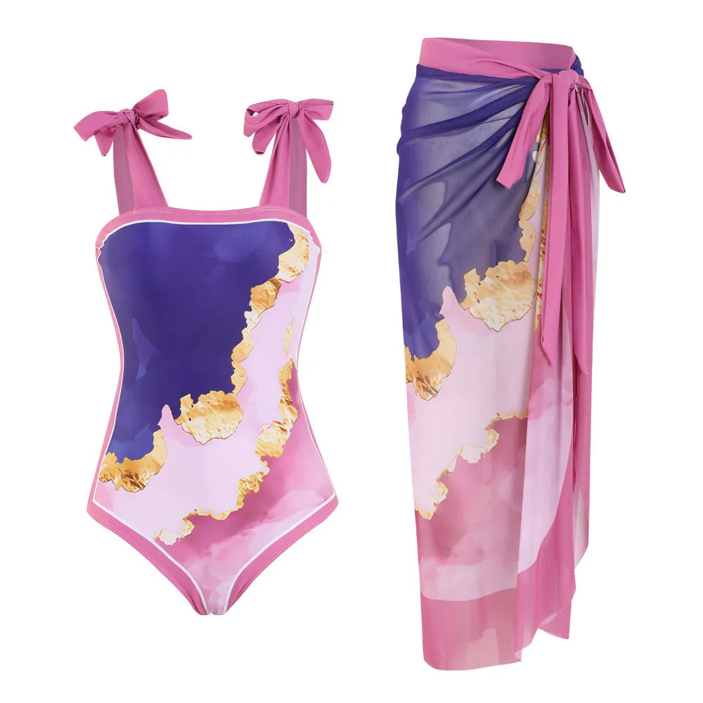 Floral print one-piece swimsuit with mesh tube top and detachable skirt in brown colour