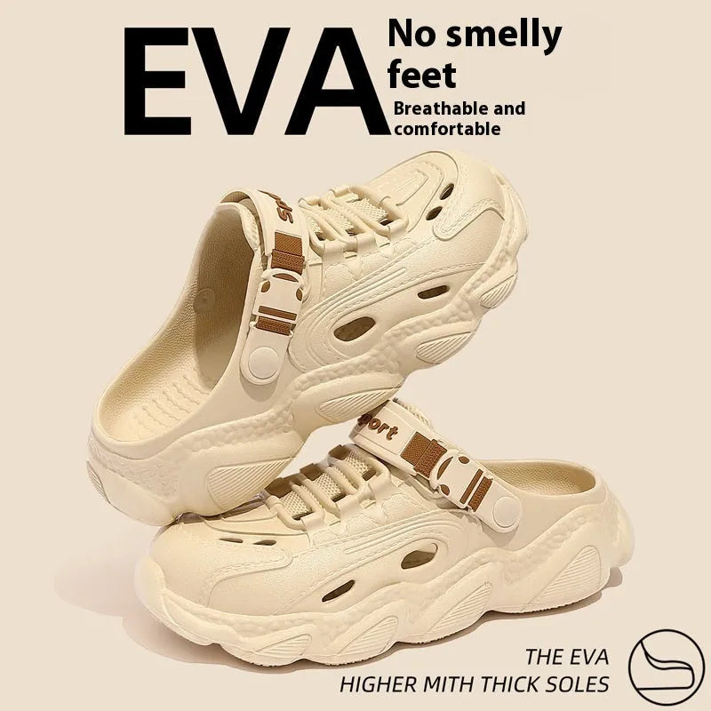 Men's khaki outdoor summer slippers with hollow out design and EVA sole