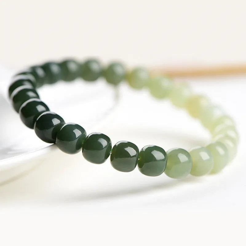 Natural Hetian jade bracelet with gradient clear water colour beads and sliding knot closure