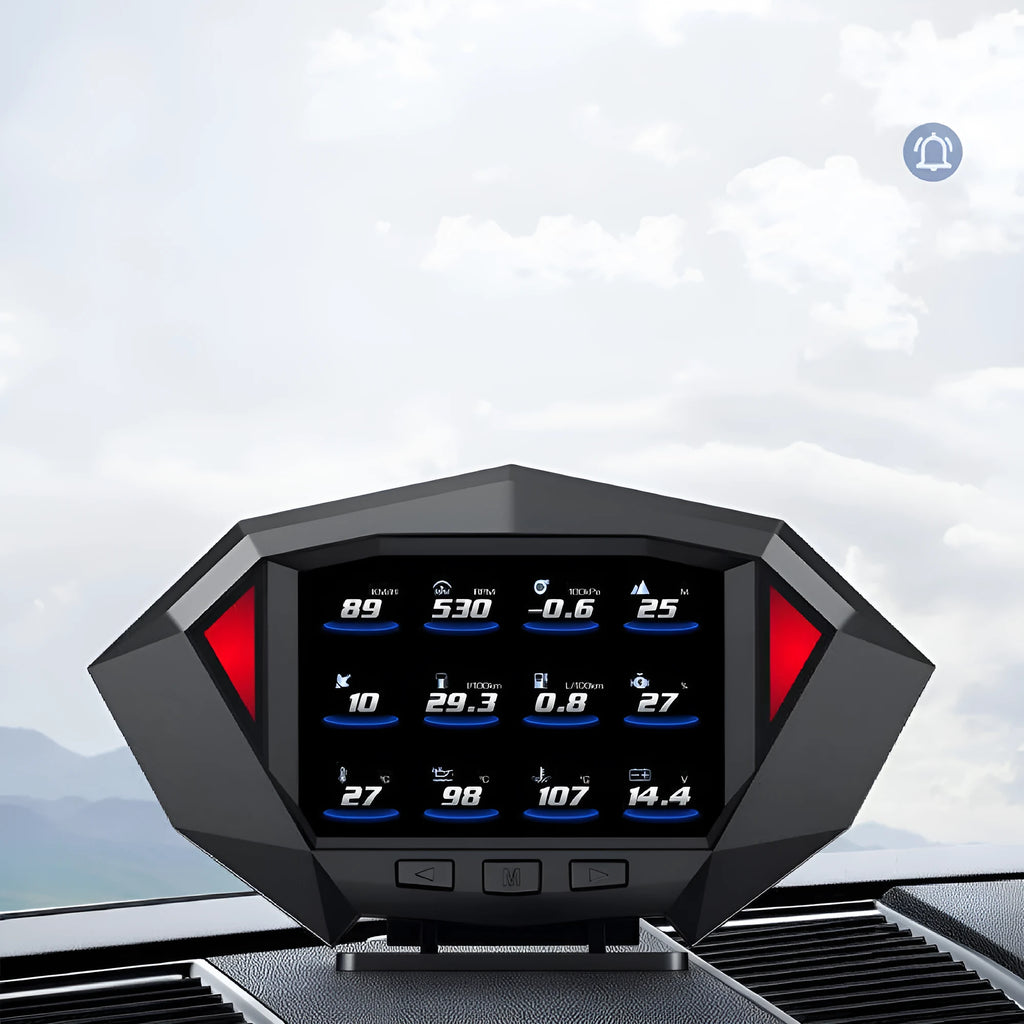 Black vehicle HUD head-up display unit with LCD screen, OBD cable, and anti-slip pad.