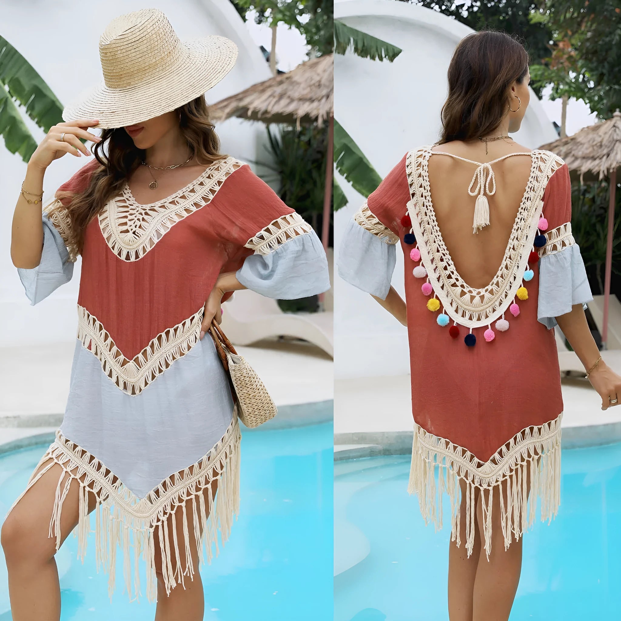 Orange floral pattern beach overskirt with hand crochet stitching and tassel details.