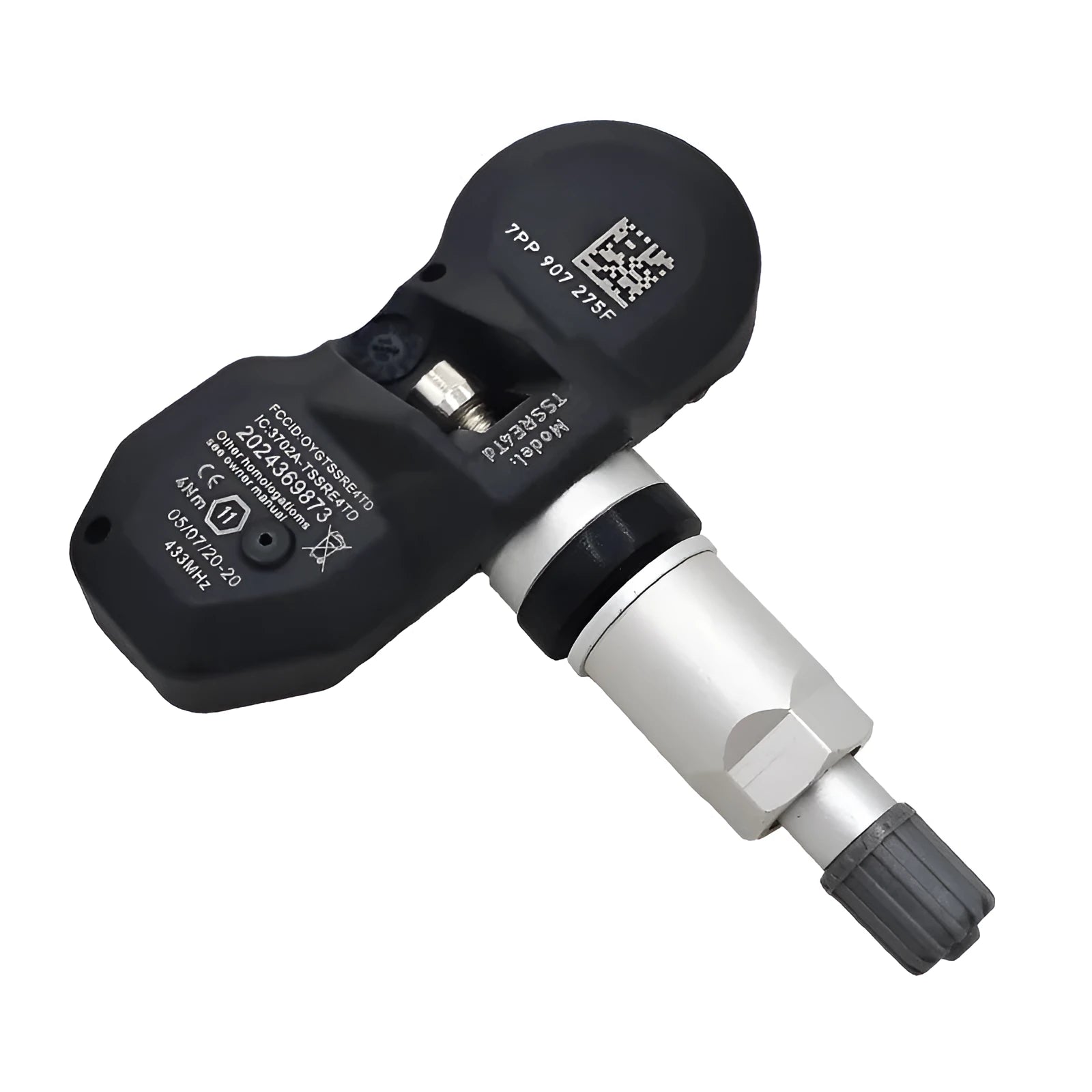 Black Audi tyre pressure monitoring sensor with valve stem for direct factory replacement