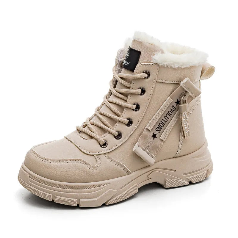 Women's plus size tall snow boots with lace-up front and fleece lining in khaki colour