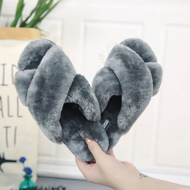 Cross open-toe fur slippers in multiple colours showing patterned sole and anatomical heel.