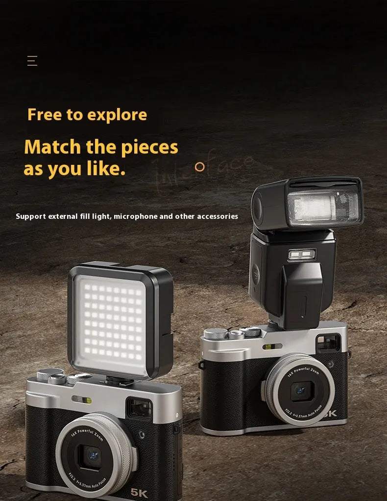 5K HD digital camera with optical viewfinder shown in black and brown colour options