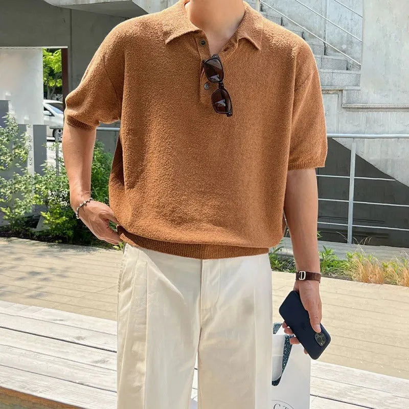 Men's caramel coloured loose-fit retro knitted polo shirt with short sleeves and asymmetric detailing