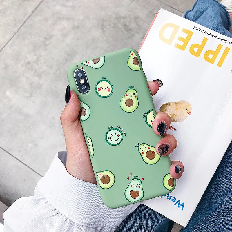 Green avocado cartoon printed flexible TPU back cover case for Apple iPhone mobile phones.