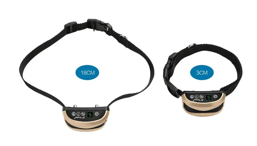 Electronic dog training bark collar with digital display on a black adjustable reflective strap.
