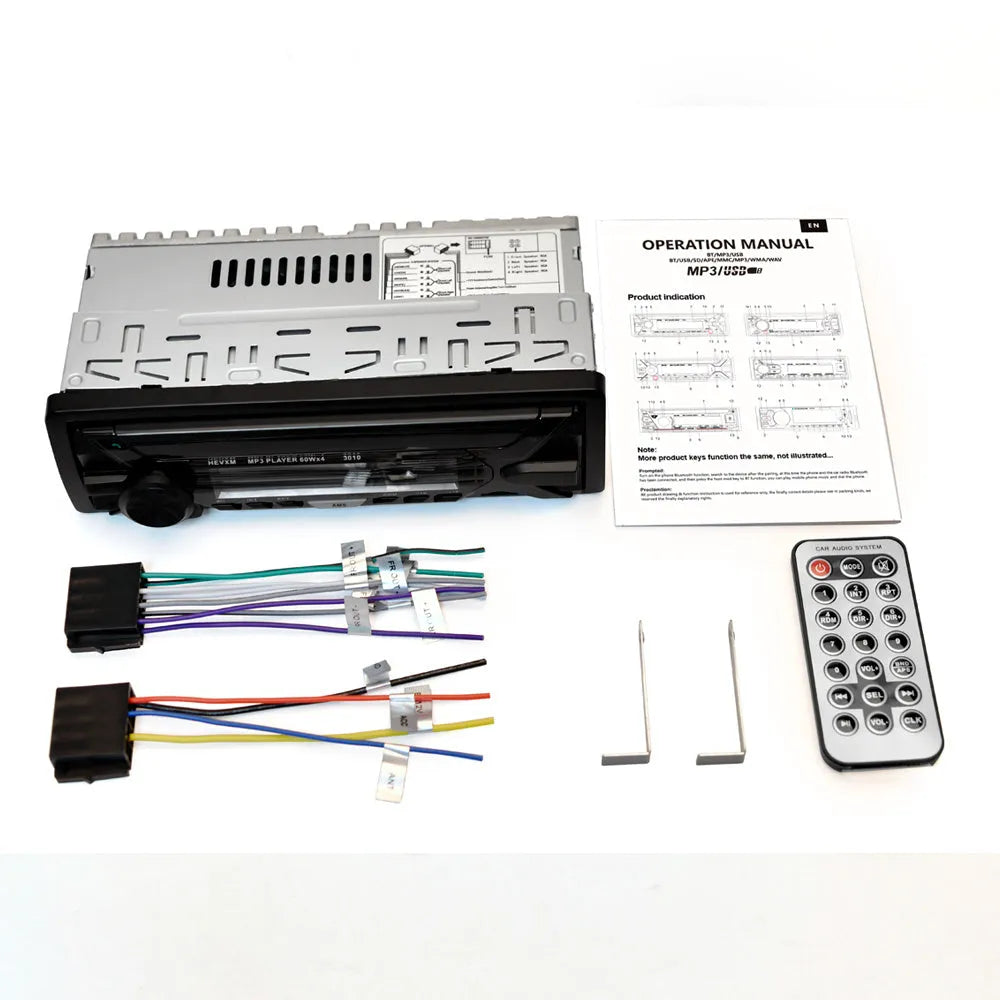 Car dashboard MP3 player radio with Bluetooth, LCD display, USB port, and control buttons