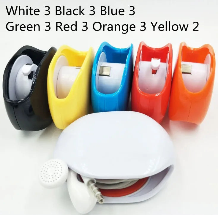 Automatic earphone cable winder retractor in PC ABS plastic, showing compact size and multiple colour options.